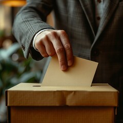 A hand puts a piece of paper into a cardboard ballot box. Concept: Close-up of the election process. political voters