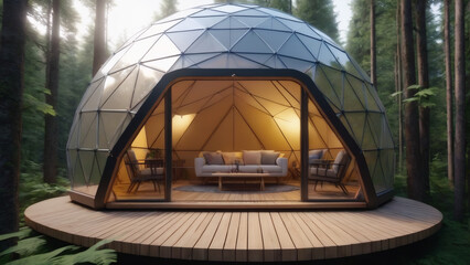 Forest glamping dome: geodesic bubble with LED lighting. - obrazy, fototapety, plakaty