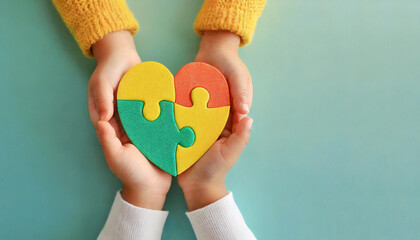 World Autism Day.Kid hand holds puzzle heart, child mental health concept, world autism awareness day, teen autism disorder awareness concept, flat lay view with copy space.