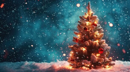 Enchanting Christmas: Illuminated Tree in Snow-covered Night, Perfect for Holiday Background with Copy Space