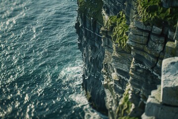 A person standing on a cliff overlooking the vast ocean. Suitable for travel, adventure, and nature-themed projects