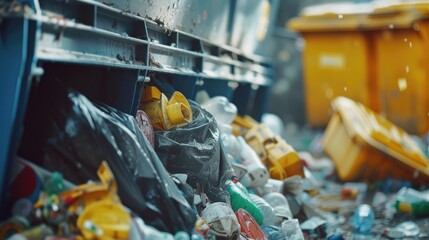 A pile of garbage sits next to a trash can. This image can be used to depict waste, pollution, or improper disposal of trash - obrazy, fototapety, plakaty