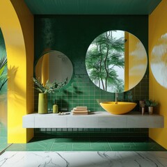 Vibrant Green and Yellow Modern Bathroom Interior Design with Contemporary Ceramic Basin and Pop...