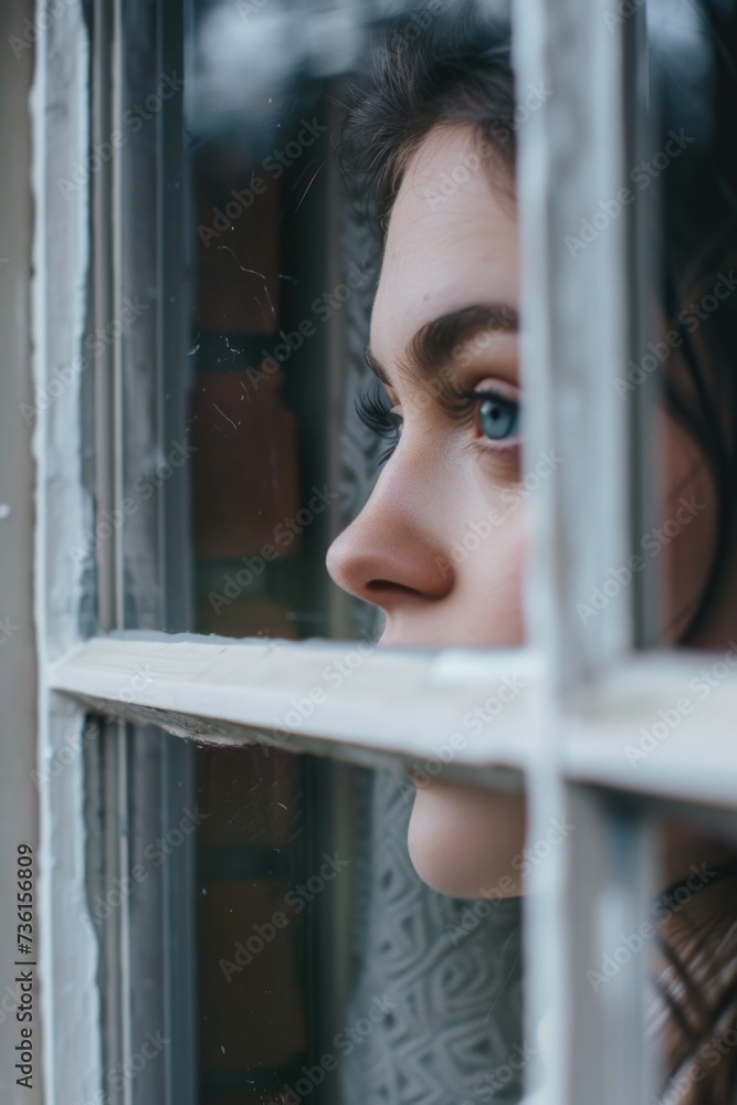 Poster a woman is seen looking out of a window, observing something outside. this image can be used to port