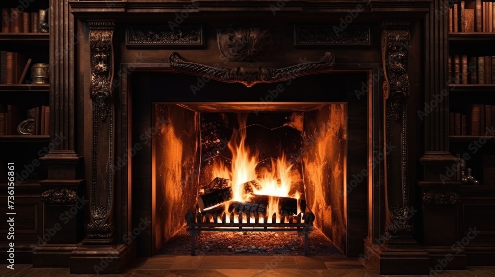 Poster a cozy fire burns in a fireplace with bookshelves in the background. perfect for adding warmth and a
