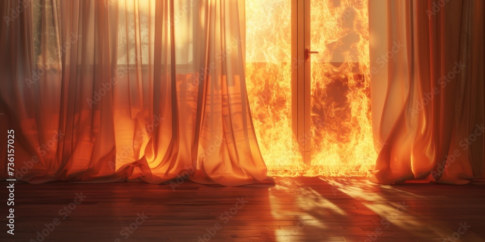 Poster a room with a window on fire. can be used to depict a dangerous situation or emergency