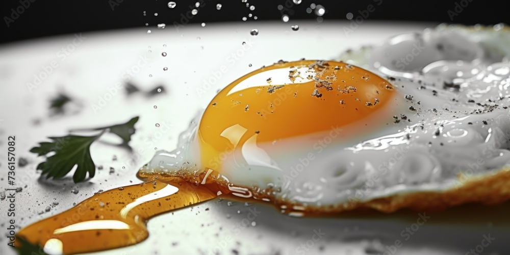 Poster A simple image of a fried egg placed on top of a white plate. Suitable for various food-related themes or cooking recipes