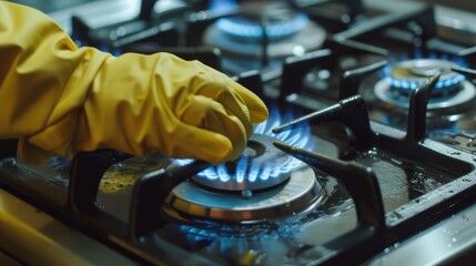 A person wearing yellow gloves is seen operating a gas stove. This image can be used to illustrate cooking, food preparation, or kitchen safety concepts