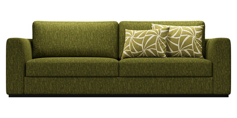 Modern and luxury green  sofa with pillows isolated on white background. Furniture Collection.  
