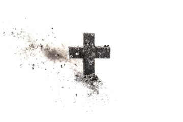 Cross made of ashes and floating in the air.Ash Wednesday, the time of Lent.Vintage abstract background. Cross made up of Ash.Isolated on white background.
