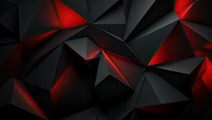 Abstract 3d geometric black background with a red glow and black triangles