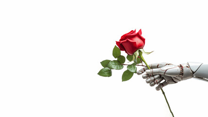 A robotic hand holding a red rose on the white background. Technology and nature idea. Copy space