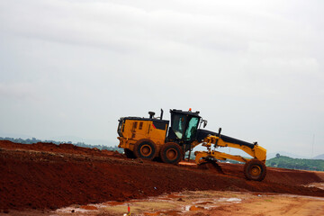 construction machines at works, dozer, roller machine, excavator, crawler rock drill machine,...