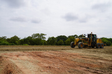 Fototapeta premium construction machines at works, dozer, roller machine, excavator, crawler rock drill machine, trucks, GPS grader