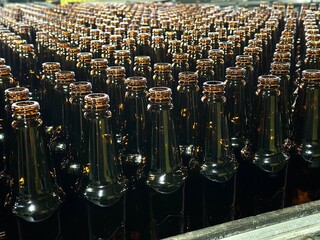 Lots of empty dark glass beer bottles.
