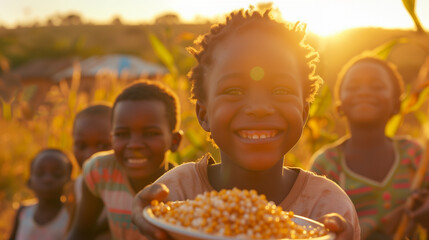 Communal Meal Time: Group of Smiling Children Enjoying Grains Outdoor during Golden Hour, Capturing Cultural Traditions and Joyful Togetherness in a Rural Setting