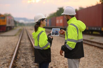 Male and Female engineers with geen safety jackets working at train station