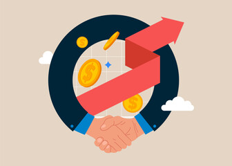 Growth chart increase up value investment. Business people shaking hand after business deal. Flat vector illustration.