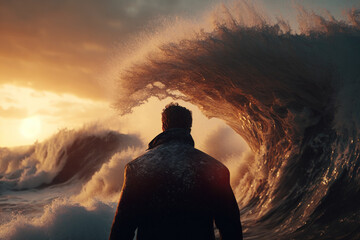 Man standing front of big strom wave background. Challenge and brave concept. Generative ai.. - obrazy, fototapety, plakaty