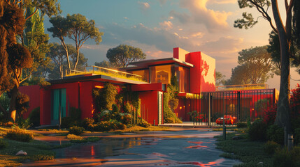A futuristic abode with a vibrant ruby red facade, featuring a basic backyard and an elegant...