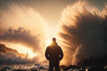 Man standing front of big strom wave background. Challenge and brave concept. Generative ai.. - obrazy, fototapety, plakaty