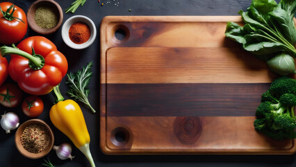 Rustic wooden table with an old cutting board set against a backdrop of ingredients for preparing vegan dishes.