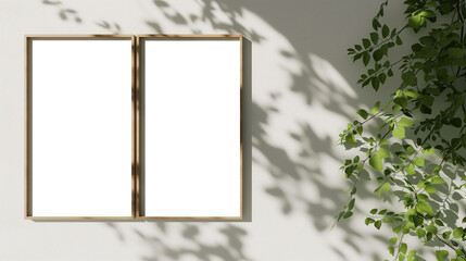 Poster mockup with a green plant and wooden frames on white.