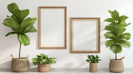 Poster mockup with a green plant and wooden frames on white.