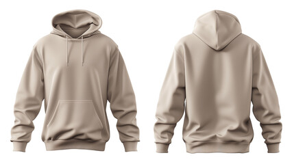 Beige hoodie template. Classic sweatshirt with clipping path, branding design mockup isolated on white transparent png background, cutout. Back and front view.