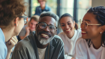 Fototapeta premium casual business conversation concept group of multiethnic teamwork collegues positive discuss conversation with happiness clam and joyful together in office or cafe coffeeshop background