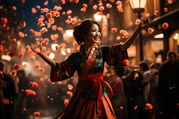 Japanese woman joyfully celebrates a traditional Japanese holiday. The photo captures the essence of cultural festivities with vibrant colors and lively expressions.