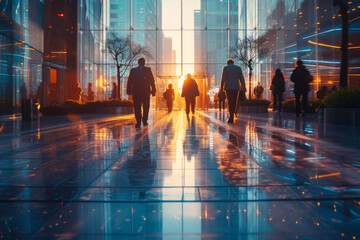 Several businessmen walk down the aisle of an office building.