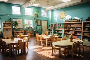 Spacious and brightly lit kindergarten room. The atmosphere exudes warmth and creativity, creating an ideal environment for young minds to explore, play, and learn.