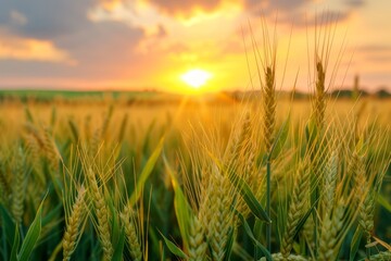 Fototapeta premium spikelets of wheat close-up against the background of a wheat field at sunset