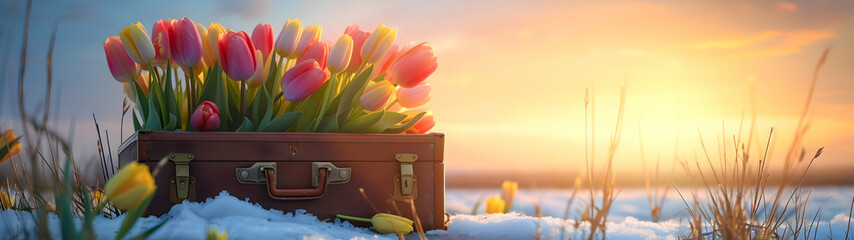 Vintage suitcase with colorful tulip flowers and blooms lying on the meadow with the rests of the melting snow and grass growing. Concept of spring coming and winter leaving. Horizontal, banner. - Powered by Adobe