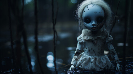 Fototapeta na wymiar Scary doll photo. Scary ghost plastic doll.