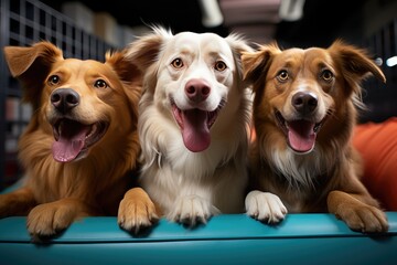 Group of happy dogs sits on a couch, radiating joy and camaraderie. Perfect for promoting a dog...