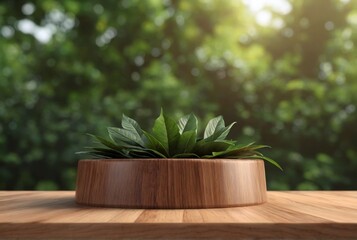 Wooden product display podium with blurred nature leaves background. 3D rendering