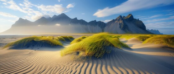 Sand dunes on the Stokksnes on southeastern Icelandic coast with Vestrahorn (Batman Mountain). Iceland, Europe - obrazy, fototapety, plakaty