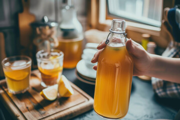 Hand holding a glass and bottle of healthy homemade fermented kombucha tea