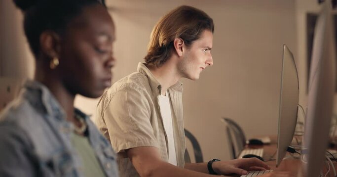 Man, woman and computer in night for typing, teamwork and strategy for solution at design startup. Business people, office and pc for reading, proposal or idea at web designer coworking startup