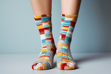 a pair of legs wearing colorful socks - obrazy, fototapety, plakaty