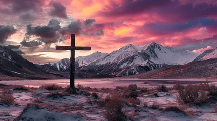 Fototapeten cross for easter background in high snow capped mountains in most beautiful multicolored sky in mountain lake landscape wild west country feel - AI Generated © Curva Design