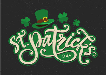 St. Patrick's day card, retro, vintage, banner, 
poster, flyer, background with Happy St. Patrick's day logo, text, hand lettering, leprechaun hat clipart, 
lucky clover, shamrock vector printable - obrazy, fototapety, plakaty