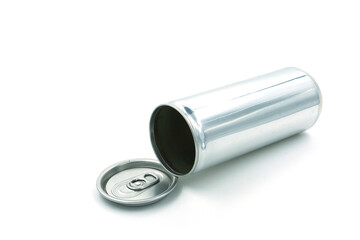 Cans and caps of soft drink cans on white background, recycled material concept