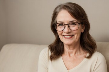 Fototapeta premium Beautiful senior woman wearing glasses relaxing in her cozy living room. Retirement and Happy Life concept.