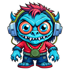 Fototapeta premium Monster, DJ, cute, style , Big eye, Full Human Body, art 90 style, headset, full body, white background