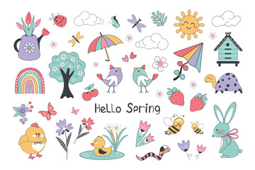 A spring set of elements with a rabbit, a chicken, flowers on a white background. Vector illustration