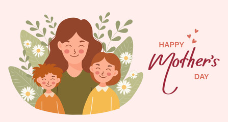 Happy Mother's Day banner. Young woman mother with children, son and daughter. Flat illustration in cartoon style, vector