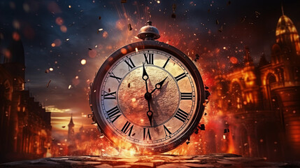 Fiery abstract scene with vintage clock. Night Street, Old Homes, Magic Fantasy with a Huge Watch Against Background